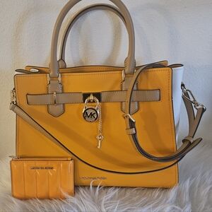Michael Kors Pop Orange Hamilton Satchel with Tan Trim and Gold Hardware